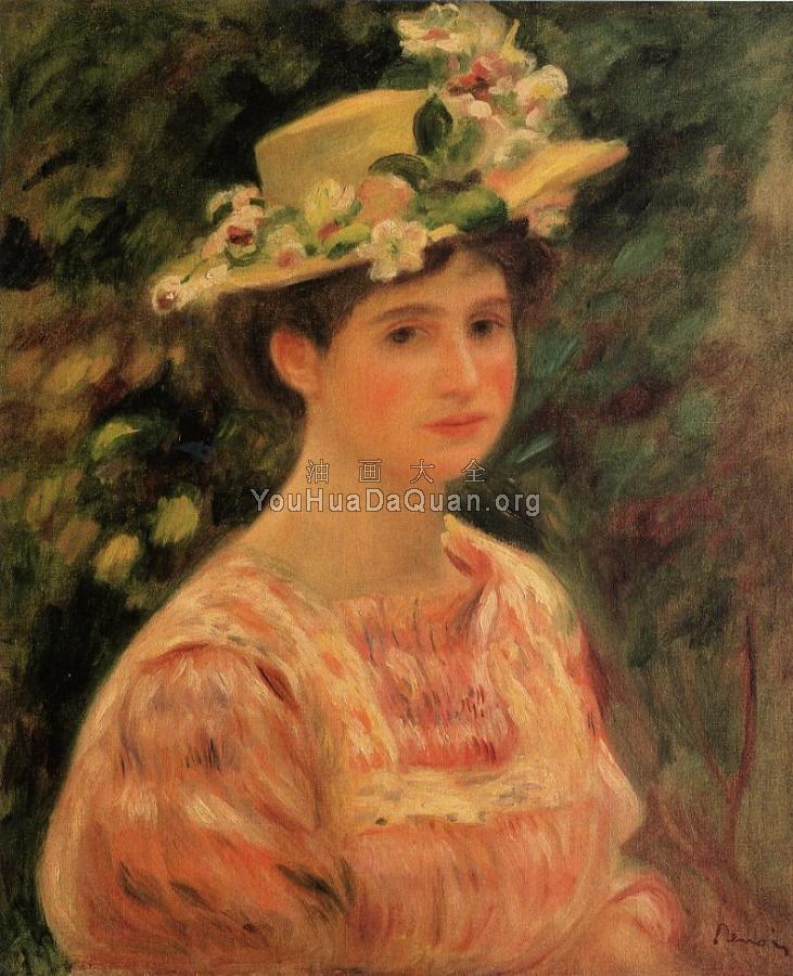 Young Woman Wearing a Hat with Wild Roses - 皮埃尔·奥古斯特·雷诺阿